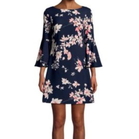 Eliza J Dress Blue with Pink & White Flowers Bell Sleeve size 4 - Picture 2 of 9